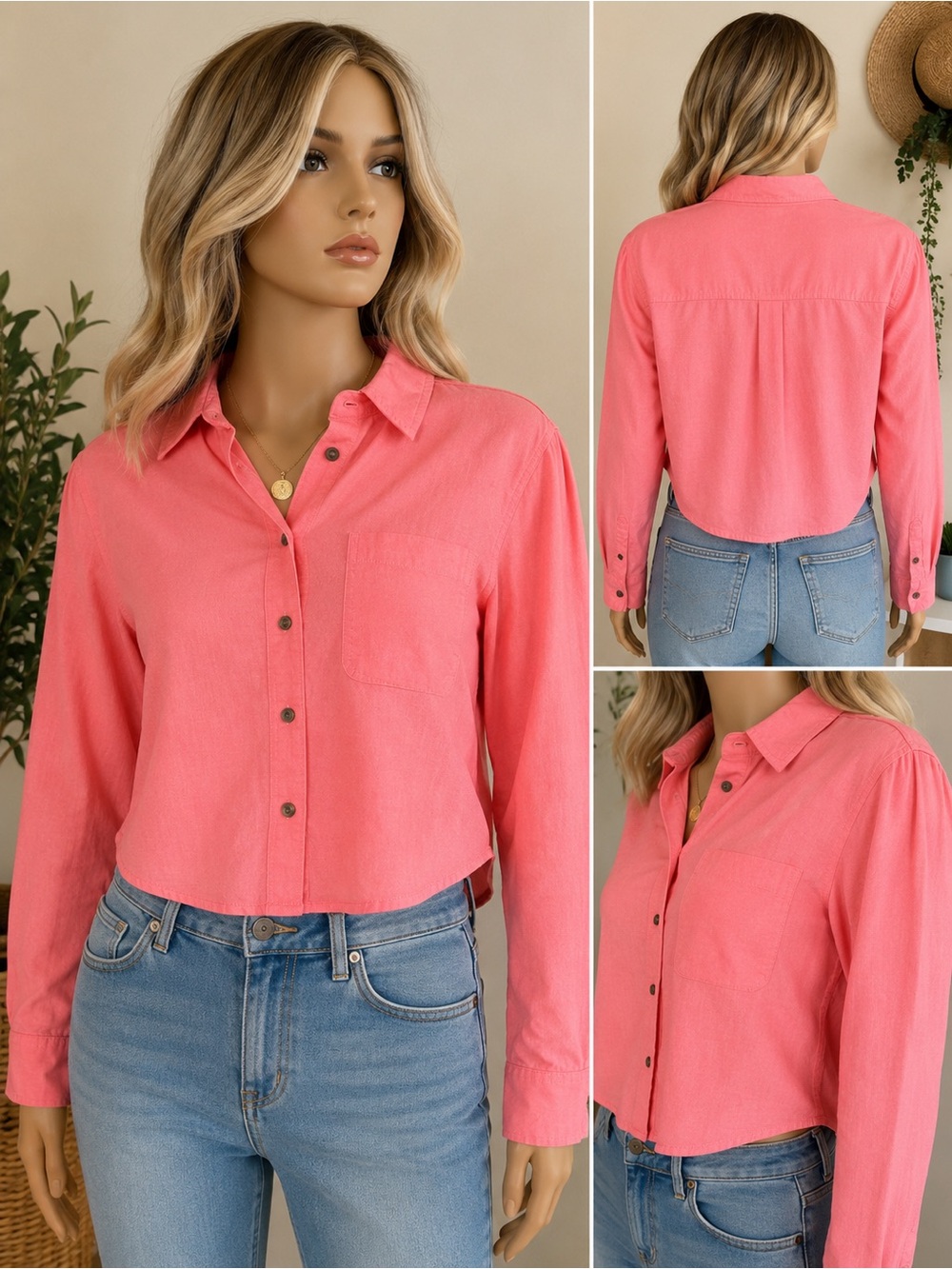 Universal Thread Women's Coral Linen Blend Cropped Button Front Shirt Small